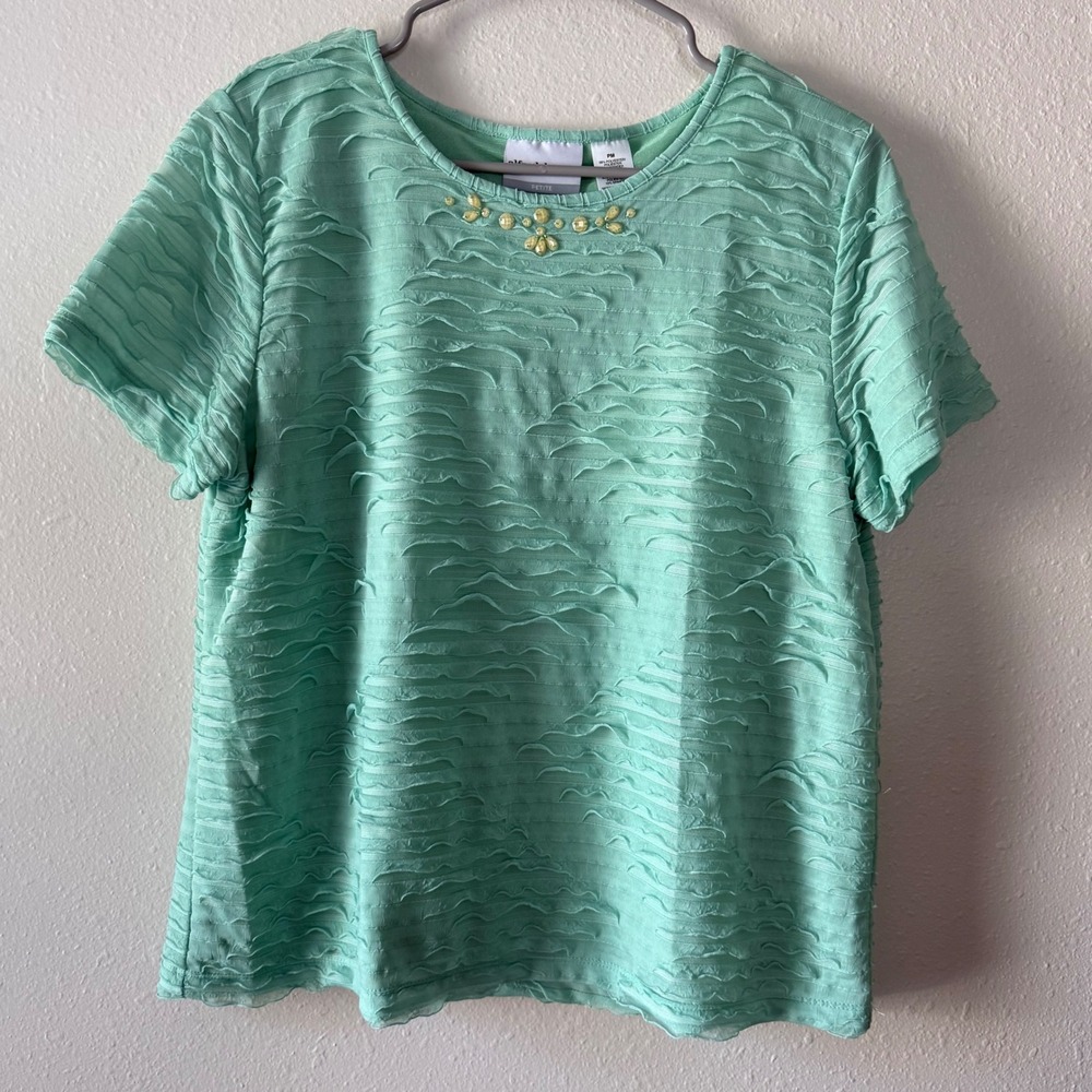 Alfred Dunner Petite Mint Green Textured Short Sleeve Beaded Floral Top PM